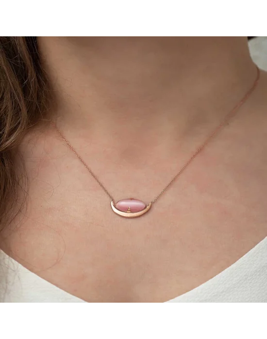 Gümüş Pembe Kedi Gözü Taşlı Hilal Kolye