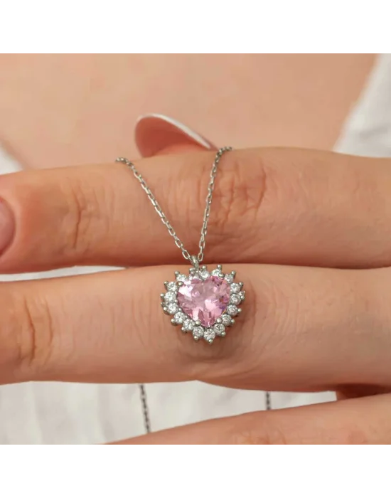 Gümüş Pembe Taşlı Kalp Kadın Kolye