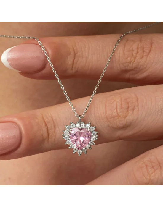 Gümüş Pembe Taşlı Kalp Kadın Kolye