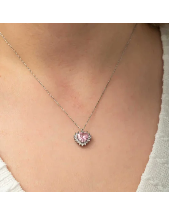 Gümüş Pembe Taşlı Kalp Kadın Kolye