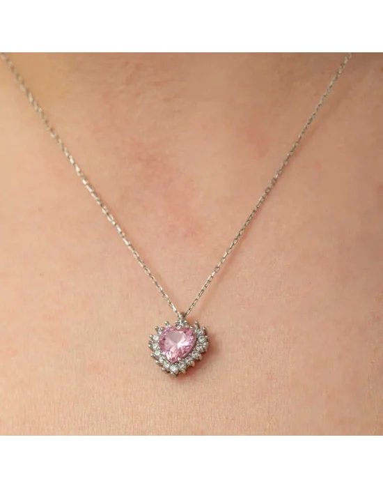 Gümüş Pembe Taşlı Kalp Kadın Kolye