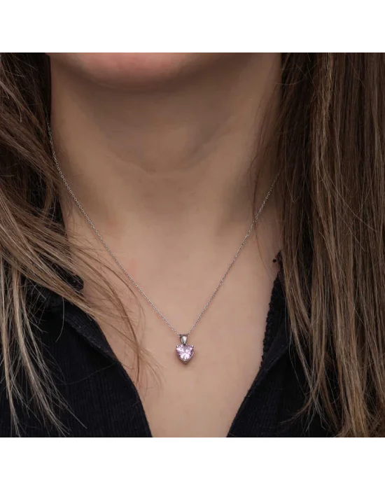 Gümüş Pembe Taşlı Kalpli Kadın Kolye