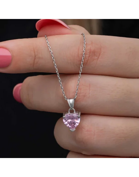 Gümüş Pembe Taşlı Kalpli Kadın Kolye