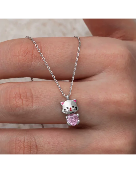 Gümüş Pembe Taşlı Sevimli Kedi Kadın Kolye