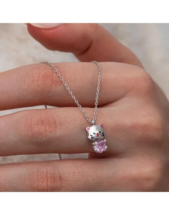 Gümüş Pembe Taşlı Sevimli Kedi Kadın Kolye