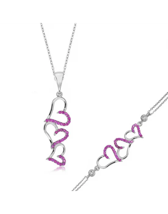 Gümüş Pembe Üç Kalpli Bayan Set
