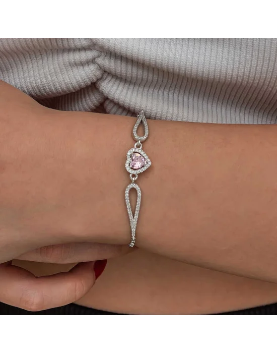 Gümüş Pembe Zirkon Taşlı Kalp Bileklik