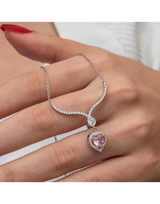 Gümüş Pembe Zirkon Taşlı Kalp Kadın Kolye