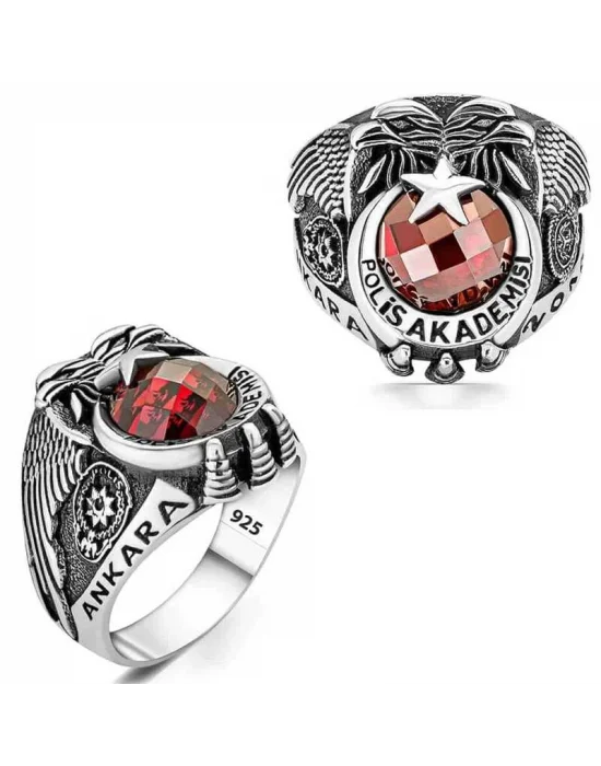Gümüş Polis Akademisi Kırmızı Taşlı Erkek Yüzük