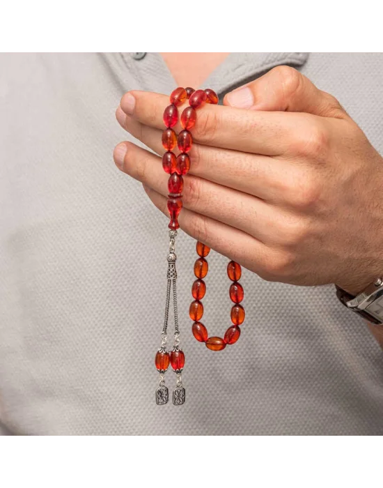 Gümüş Püsküllü Ateş Kehribar Tesbih