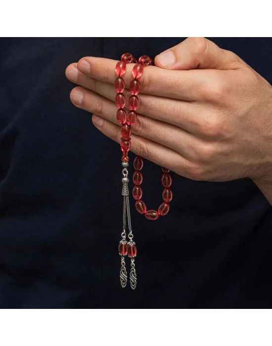 Gümüş Püsküllü Ateş Kehribar Tesbih