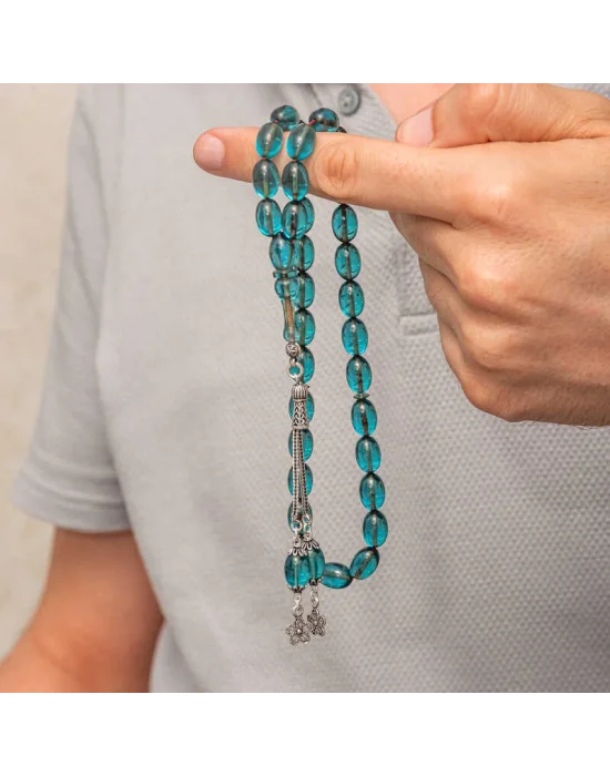 Gümüş Püsküllü Ateş Kehribar Tesbih