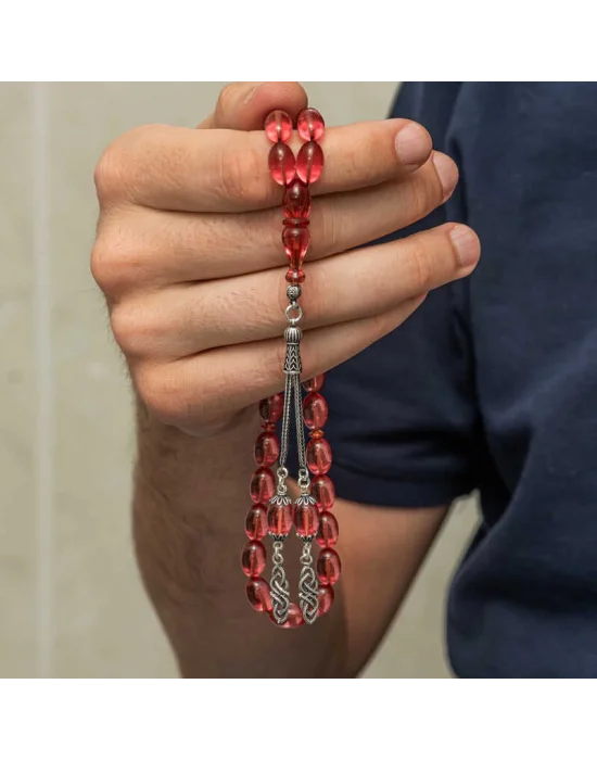 Gümüş Püsküllü Ateş Kehribar Tesbih