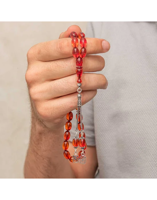 Gümüş Püsküllü Ateş Kehribar Tesbih