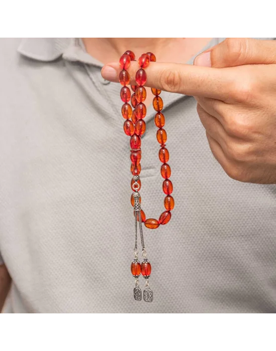 Gümüş Püsküllü Ateş Kehribar Tesbih