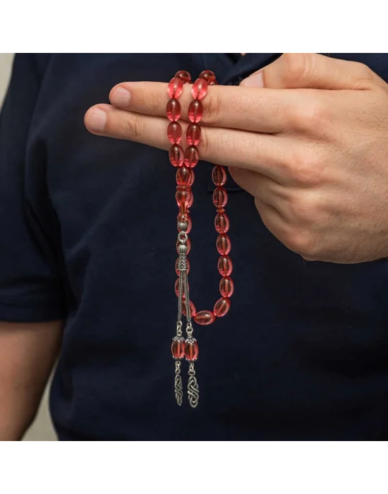 Gümüş Püsküllü Ateş Kehribar Tesbih