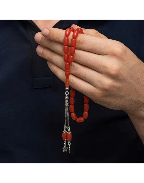 Gümüş Püsküllü Kapsül Kesim Sıkma Kehribar Tesbih