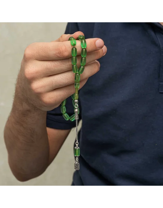 Gümüş Püsküllü Kapsül Kesim Sıkma Kehribar Tesbih