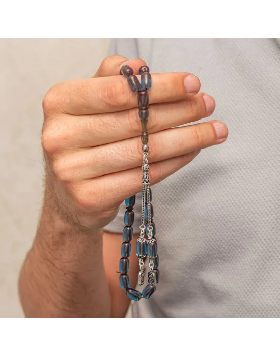 Gümüş Püsküllü Kapsül Kesim Sıkma Kehribar Tesbih