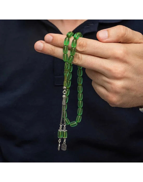 Gümüş Püsküllü Kapsül Kesim Sıkma Kehribar Tesbih