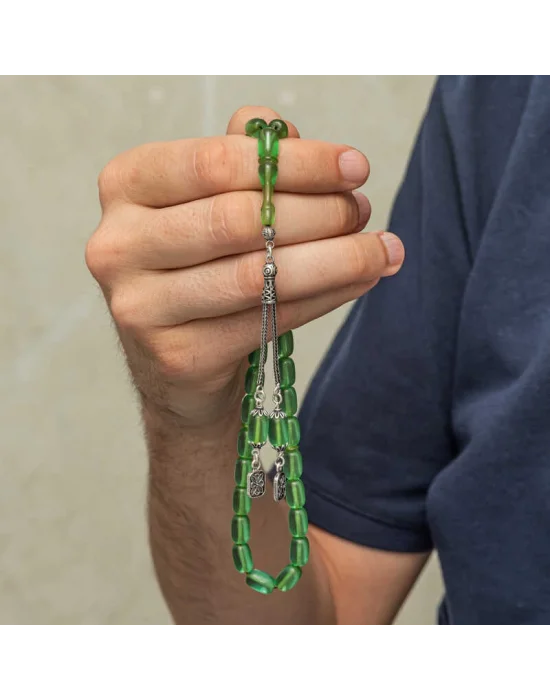 Gümüş Püsküllü Kapsül Kesim Sıkma Kehribar Tesbih