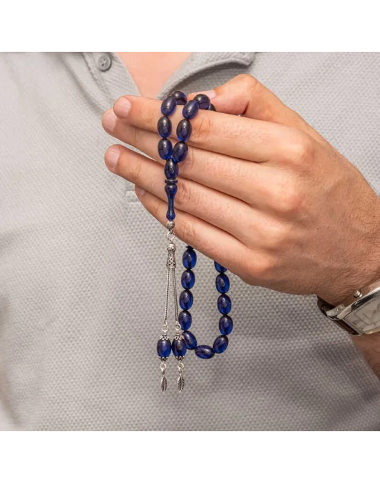 Gümüş Püsküllü Lacivert Sıkma Kehribar Tesbih