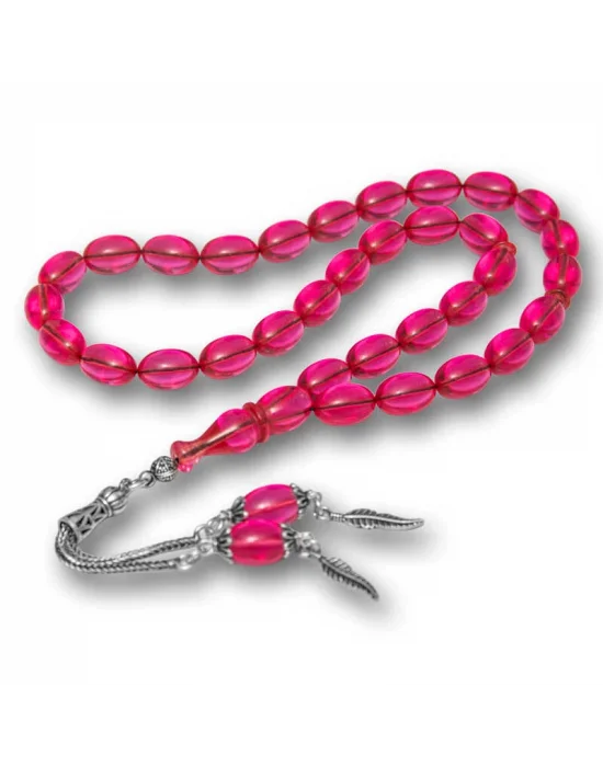 Gümüş Püsküllü Pembe Ateş Kehribar Tesbih