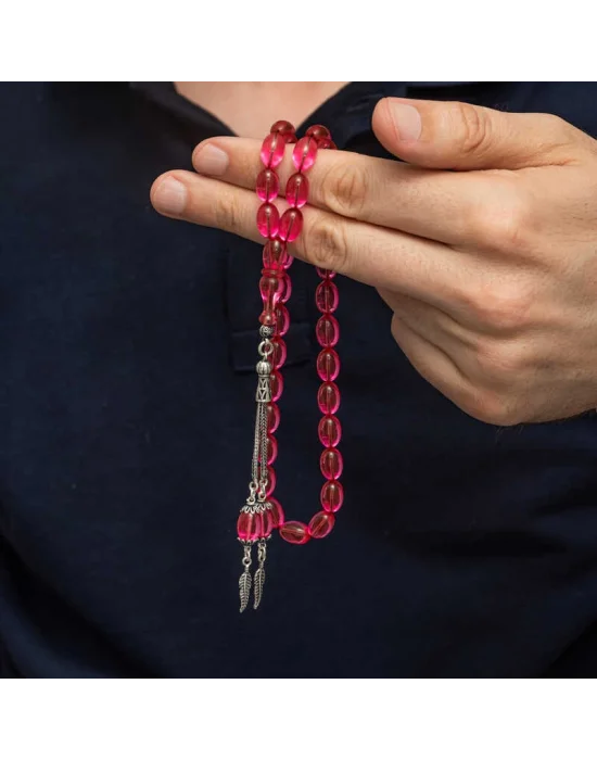 Gümüş Püsküllü Pembe Ateş Kehribar Tesbih