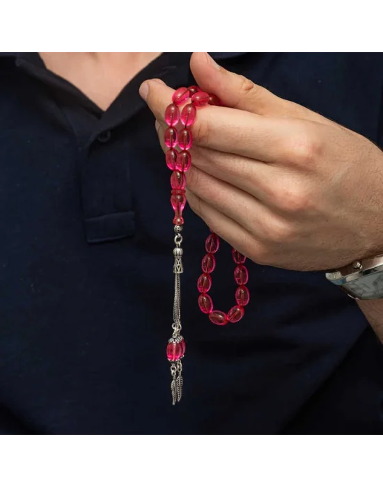 Gümüş Püsküllü Pembe Ateş Kehribar Tesbih