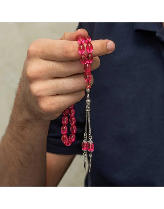 Gümüş Püsküllü Pembe Ateş Kehribar Tesbih