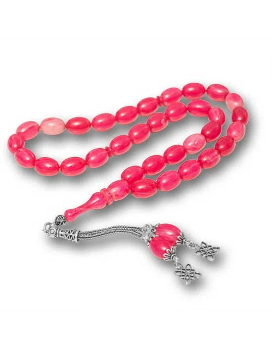 Gümüş Püsküllü Pembe Sıkma Kehribar Tesbih