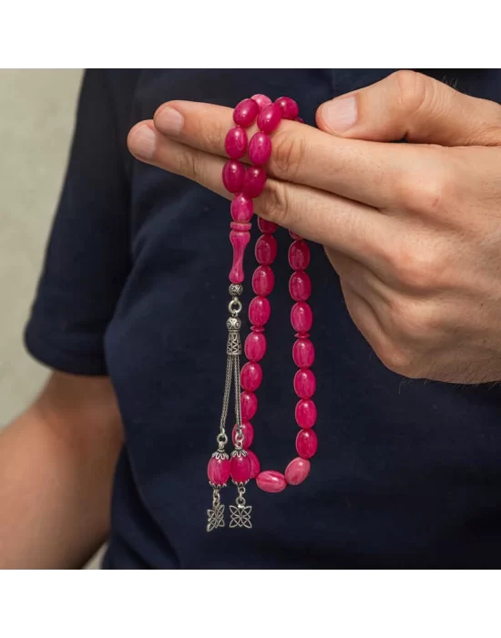 Gümüş Püsküllü Pembe Sıkma Kehribar Tesbih