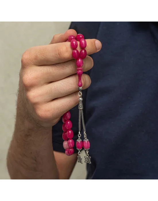 Gümüş Püsküllü Pembe Sıkma Kehribar Tesbih