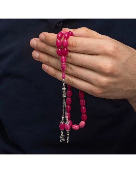 Gümüş Püsküllü Pembe Sıkma Kehribar Tesbih