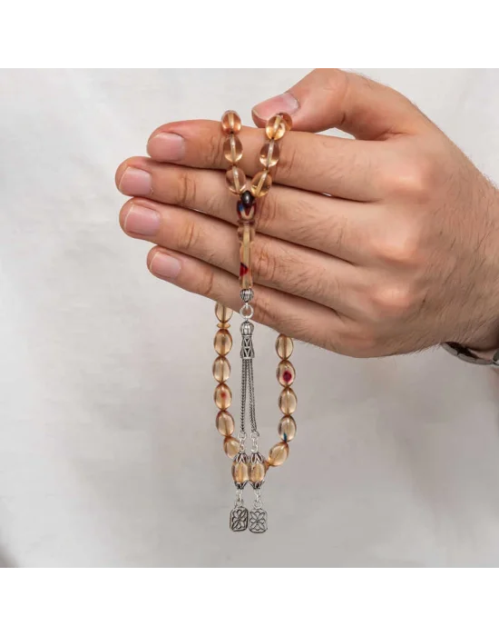 Gümüş Püsküllü Sıkma Kehribar Tesbih