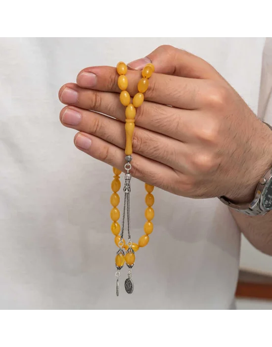 Gümüş Püsküllü Sıkma Kehribar Tesbih