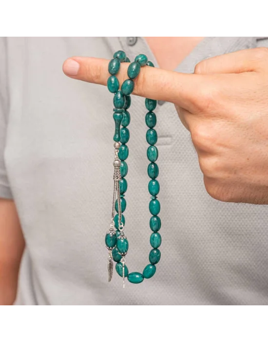 Gümüş Püsküllü Sıkma Kehribar Tesbih