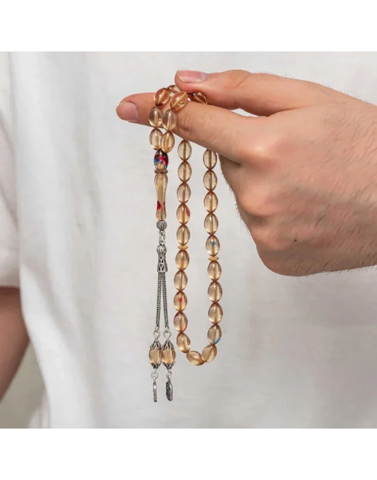 Gümüş Püsküllü Sıkma Kehribar Tesbih