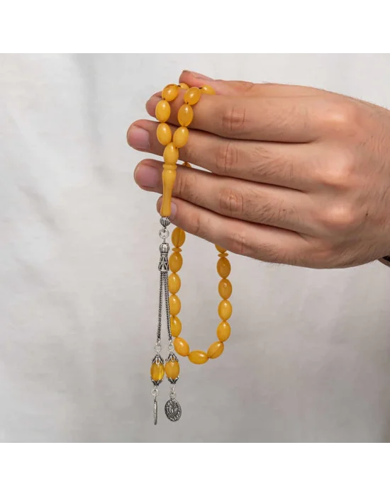 Gümüş Püsküllü Sıkma Kehribar Tesbih