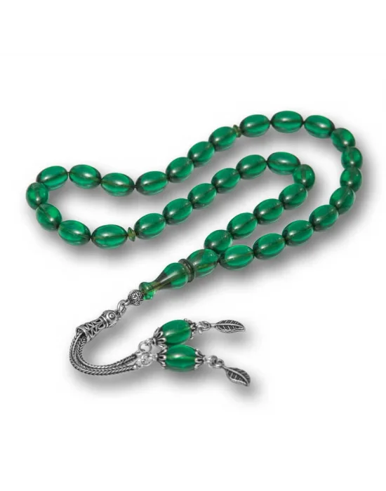 Gümüş Püsküllü Yeşil Ateş Kehribar Tesbih