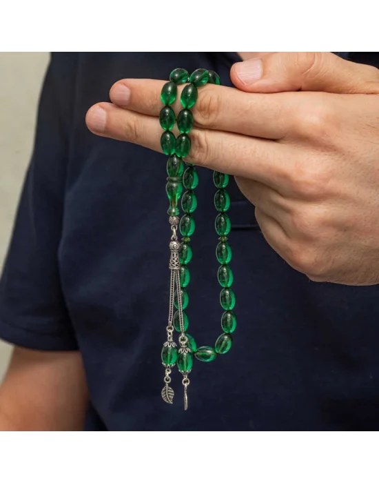 Gümüş Püsküllü Yeşil Ateş Kehribar Tesbih