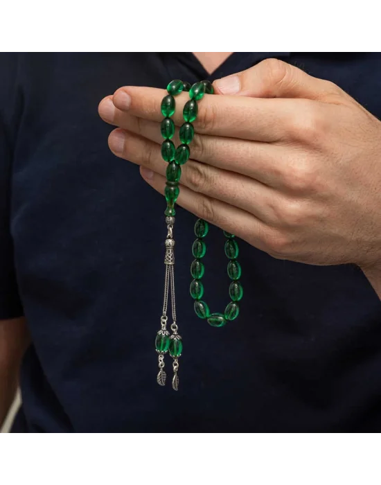 Gümüş Püsküllü Yeşil Ateş Kehribar Tesbih