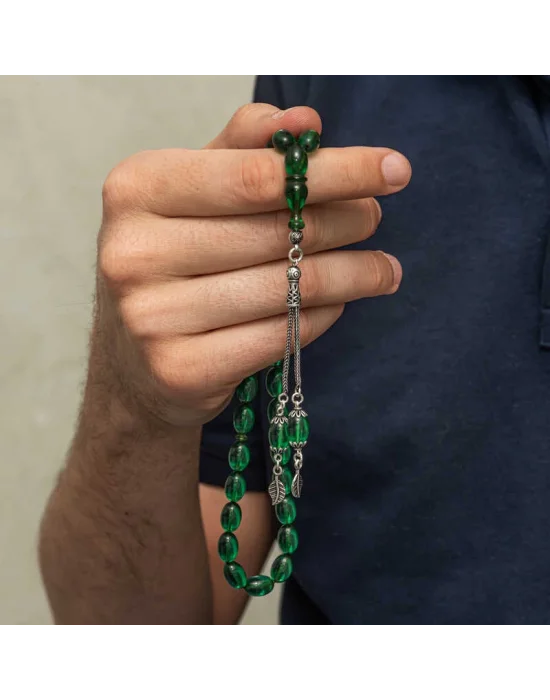 Gümüş Püsküllü Yeşil Ateş Kehribar Tesbih