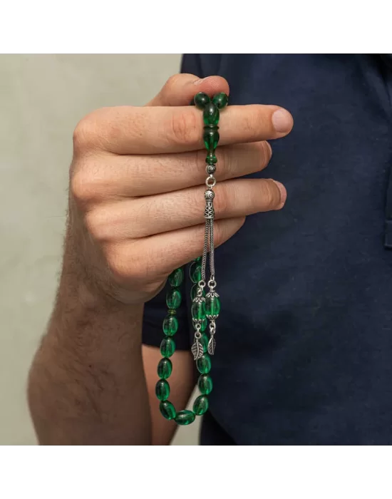 Gümüş Püsküllü Yeşil Ateş Kehribar Tesbih
