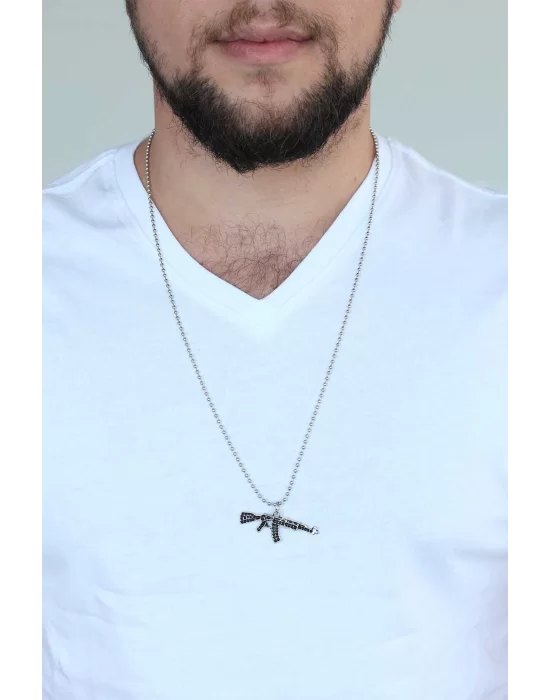 Gümüş Renk Krom Kaplama Kararmaz Tüfek Tasarım Metal Erkek Kolye