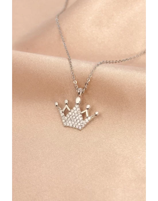 Gümüş Renk Metal Zirkon Taşlı Taç Kolye