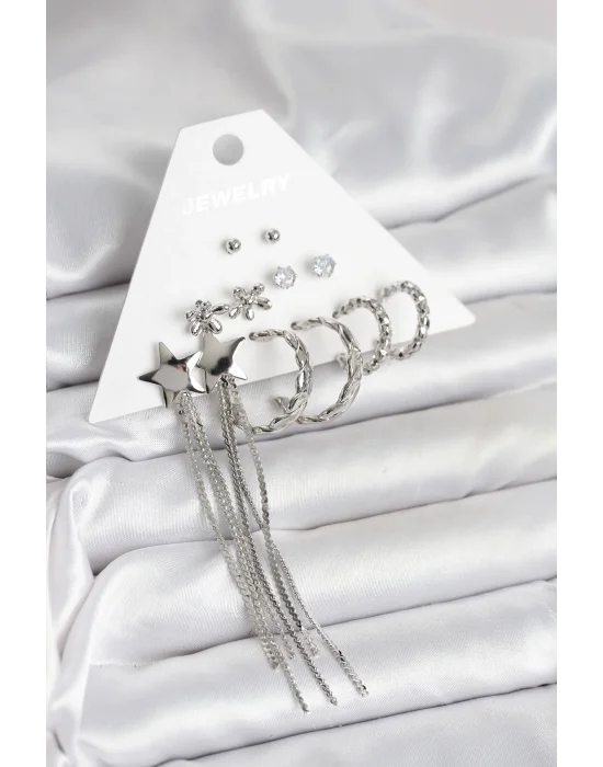 Gümüş Renk Pirinç 6 Çift Kadın Küpe Seti