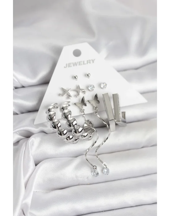 Gümüş Renk Pirinç 6lı Kadın Küpe Seti