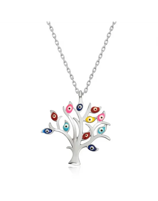 Gümüş Renkli Nazarlı Hayat Ağacı Bayan Kolye