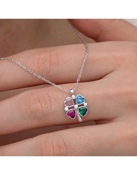 Gümüş Renkli Taşlı Kalp Figürlü Yonca Kolye